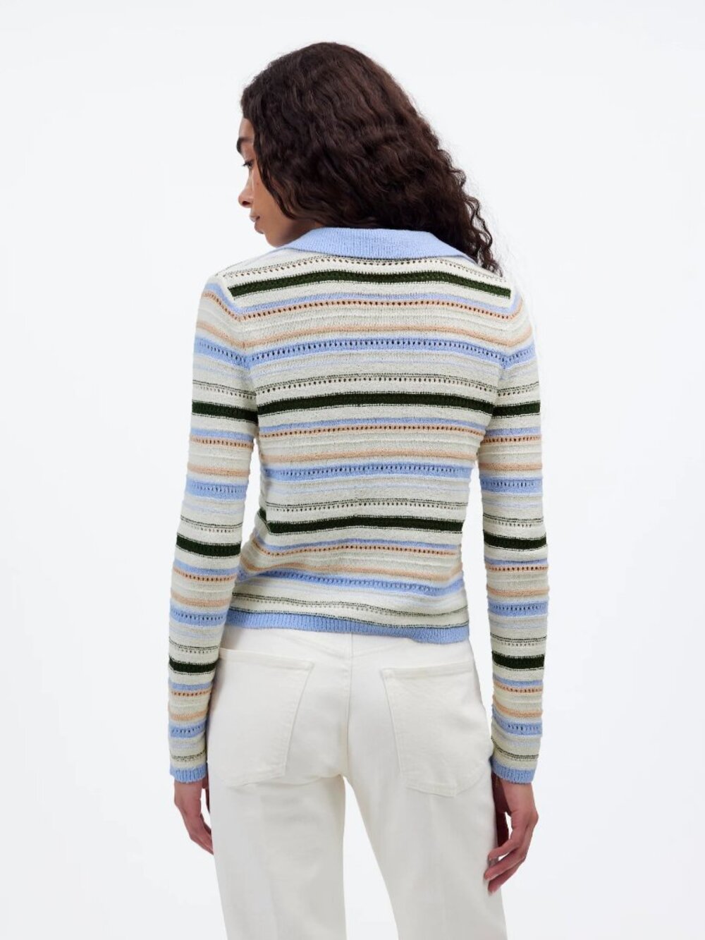 MADEWELL Textural-Stitch Johnny Collar Sweater peri blue multi stripe small - Picture 3 of 6